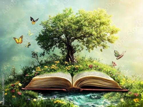 A magical book creates a vibrant natural world with a tree, flowers and butterflies photo