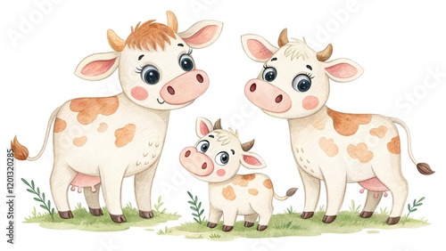 Adorable dairy cow family illustration, full of charm and love, isolated on a clean white background