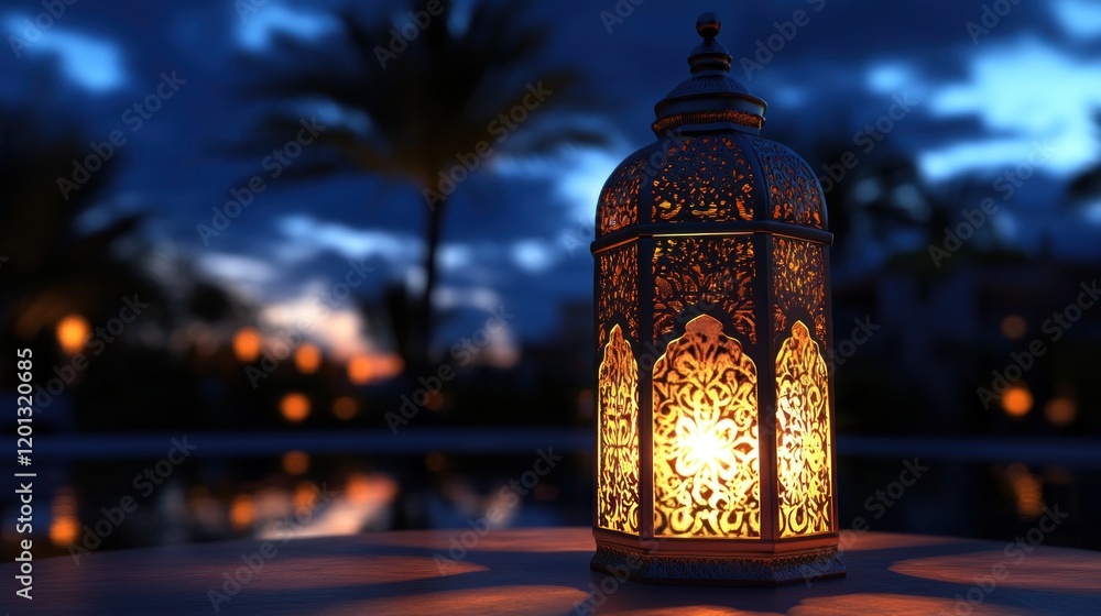 Illuminated Moroccan Lantern At Dusk Near Water Illuminated Moroccan Lantern At Dusk Near Water
