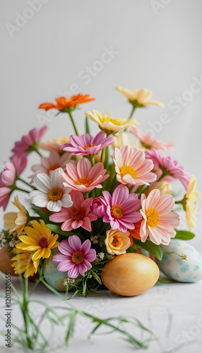 Wallpaper Mural spring flowers bouquet with easter eggs, studio photography, with white tones Torontodigital.ca