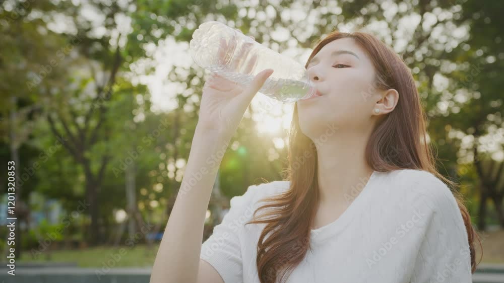 Smiling woman enjoys hydration from water bottle in sunny park, surrounded by nature, capturing happiness and tranquility in outdoor sunlight. Smiling woman enjoys hydration from water bottle in sunny park, surrounded by nature, capturing happiness and tranquility in outdoor sunlight.