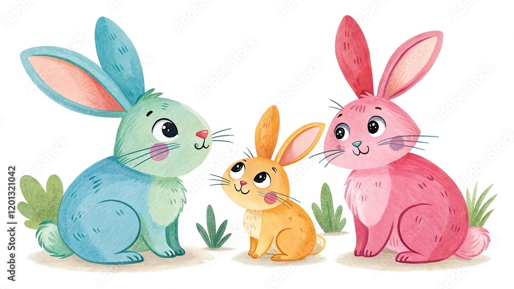 Fototapeta premium A sweet rabbit family, radiating warmth and affection, beautifully illustrated on a white background