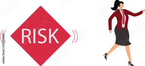 Risk averse, avoid or minimize risk, run away from uncertainty, fear or safety decision for investment, prefer security or stability concept, businesswoman investor run away from risk collapsing box