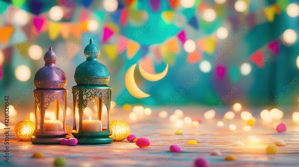 Obraz premium Festive Ramadan Lanterns with Candles and Colorful Lights
