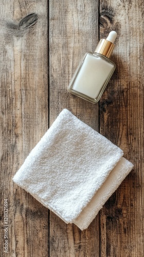 Soft towel and cream bottle on wooden table near window with flowers in a rus...