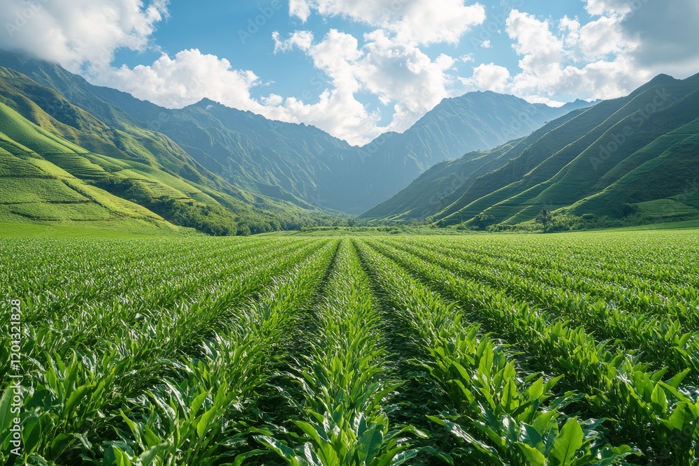Lush green tobacco fields under a bright sky in a mountainous landscape Lush green tobacco fields under a bright sky in a mountainous landscape