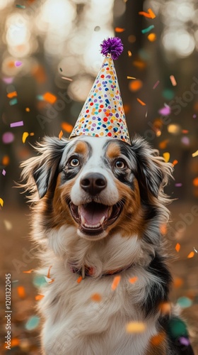 Happy dog celebrating birthday with colorful confetti in a park setting durin...