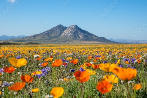 Colorful wildflowers bloom in a vast meadow against a mountain backdrop on a ...
