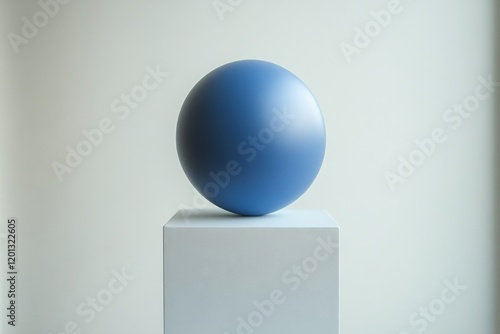 Bright blue sphere atop a minimalistic white pedestal in modern indoor setting