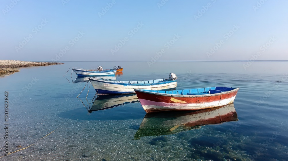 Naklejka premium Tranquil Seascape with Fishing Boats