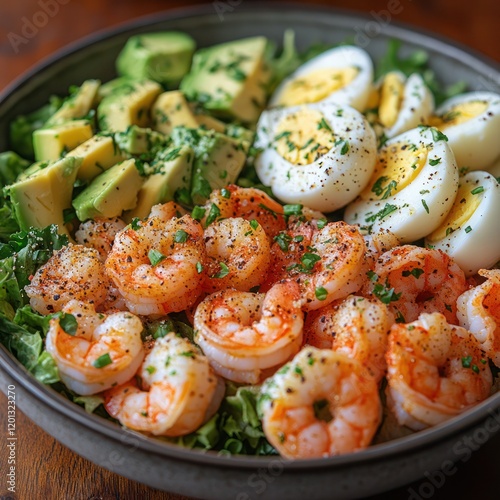 classic shrimp Louie salad with iceberg lettuce, boiled eggs, avocado, and a tangy Louie dressing photo