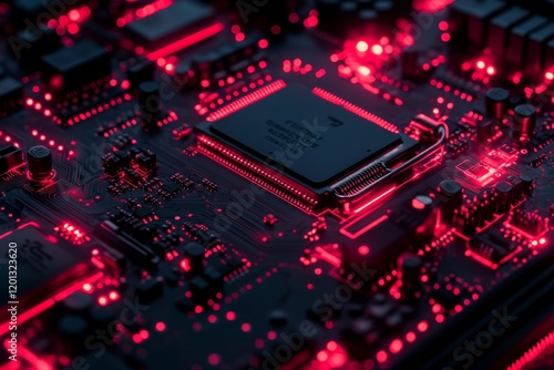 Microchip circuit board glowing with bright red lights in a dark environment