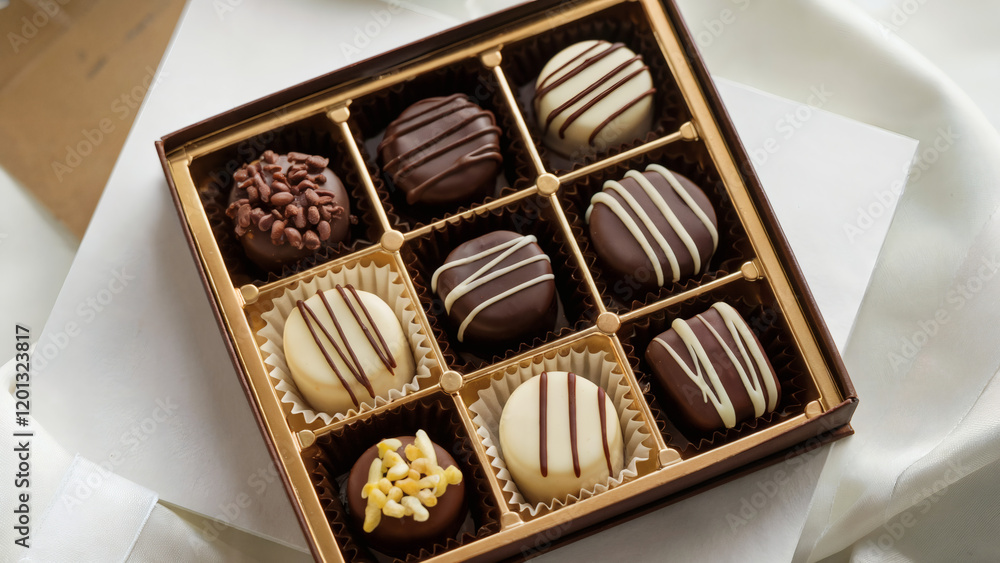 Valentine's Day, A box of assorted chocolates placed on a white surface. The box contains twelve compartments, each housing a different type of chocolate Valentine's Day, A box of assorted chocolates placed on a white surface. The box contains twelve compartments, each housing a different type of chocolate