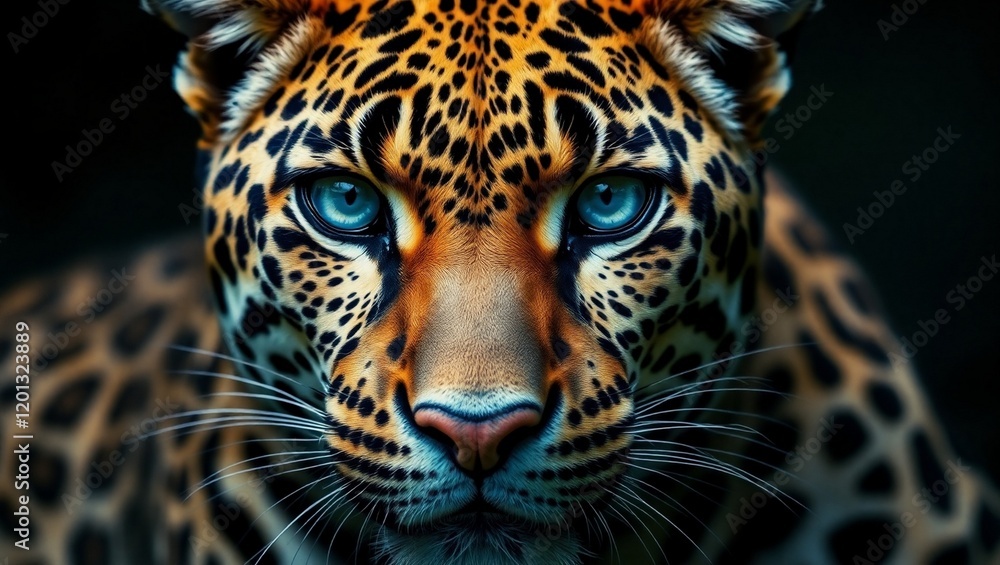 Obraz premium Hyperrealistic leopard portrait, intense blue eyes, detailed fur texture, vivid spots, close-up face, dramatic lighting, black background, wildlife photography, ultra-high definition, sharp focus, Nat