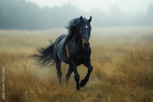 Majestic black horse grazing in a misty meadow during early morning hours