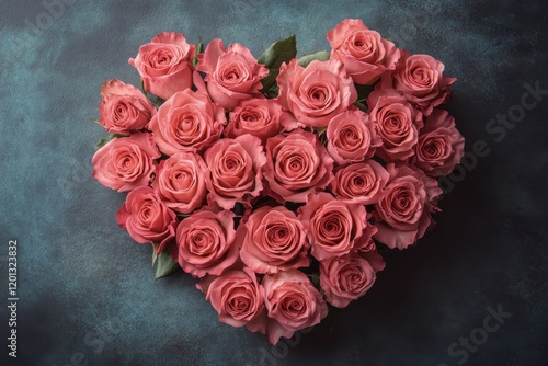 Heart-shaped arrangement of pink roses surrounded by lush greenery in a garde...