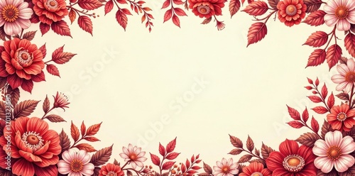 Intricate red floral toile, scenic French vintage design , botanical, vintage