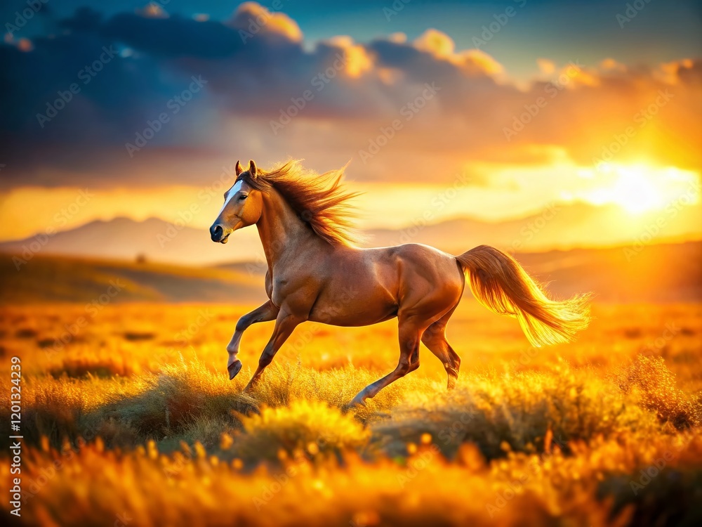 Miniature Horse Galloping Across Vast Plains, Tilt-Shift Photography Miniature Horse Galloping Across Vast Plains, Tilt-Shift Photography