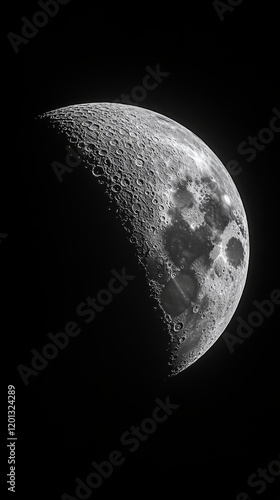 Moon phase over a lunar landscape captured in detailed black and white