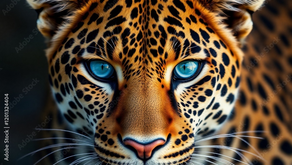 Obraz premium Hyperrealistic leopard portrait, intense blue eyes, detailed fur texture, vivid spots, close-up face, dramatic lighting, black background, wildlife photography, ultra-high definition, sharp focus, Nat