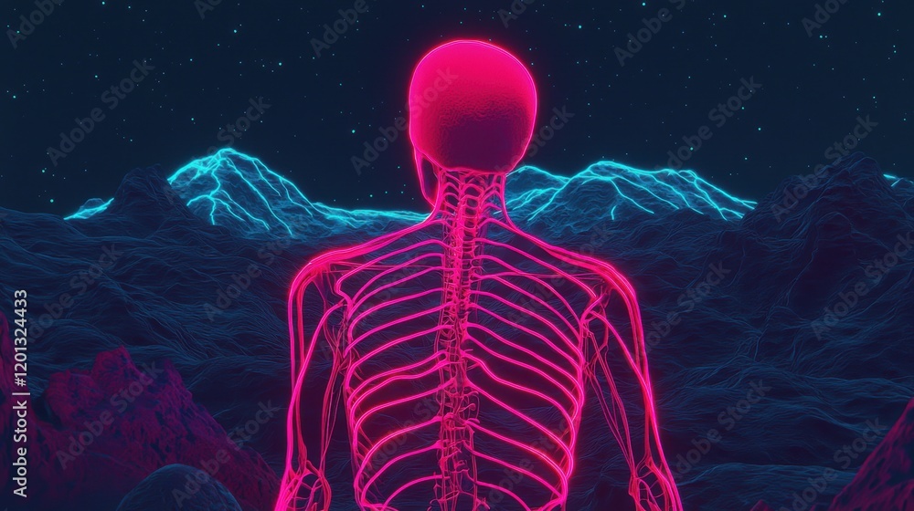Neon Skeleton Next to Futuristic Mountain Landscape at Night Neon Skeleton Next to Futuristic Mountain Landscape at Night