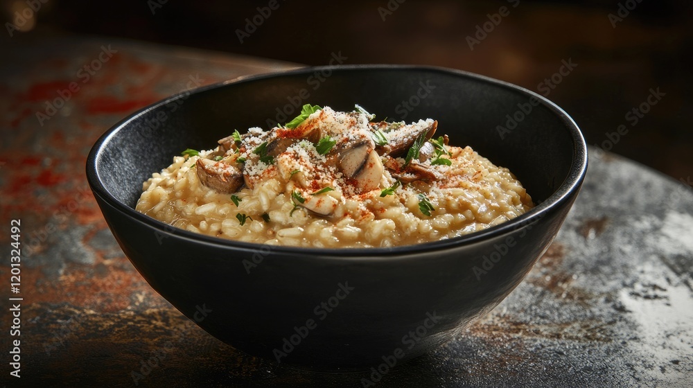 A bowl of creamy risotto adorned with sauted mushrooms and herbs, garnished with a sprinkle of Parmesan cheese, set against a textured background A bowl of creamy risotto adorned with sauted mushrooms and herbs, garnished with a sprinkle of Parmesan cheese, set against a textured background