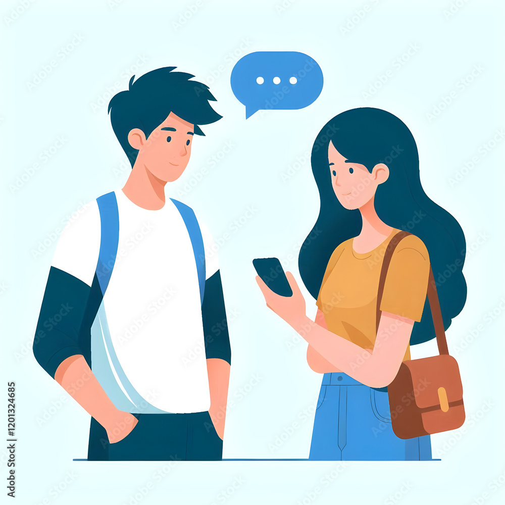 Obraz premium Two students chatting, one holding a smartphone and a speech bubble showing ongoing conversation, flat vector style