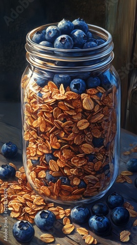 Jar filled with fresh blueberries and oats arranged beautifully on a black ba...