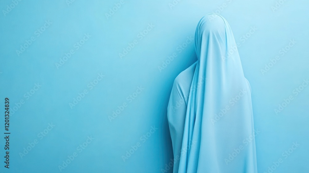 A person completely covered in light blue fabric A person completely covered in light blue fabric
