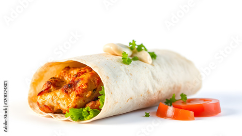 Chicken shawarma wrap isolated on white background with garlic sauce. Generative AI photo