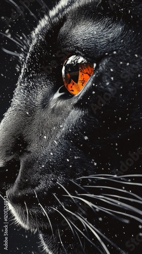 Majestic black cat with striking orange eyes and snowflakes in a dark, enchan...