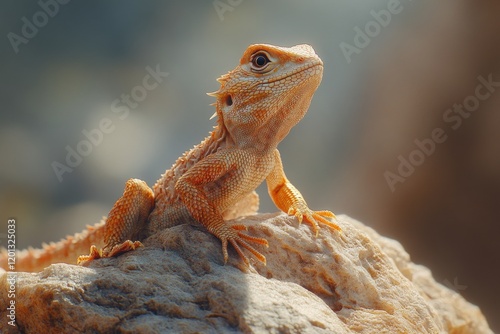 Colorful lizard basking on a rock in natural sunlight, showcasing vibrant tex...