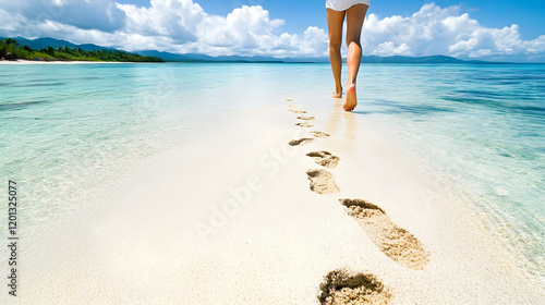 Fototapeta Naklejka Na Ścianę i Meble -  Woman in big white hat walking barefoot on sand on seashore on paradise island. Girl runs along tropical beach, ocean waves in background, enjoying summer vacation vibes. Travel concept. Copy space