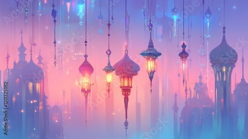 Illuminated Cityscape with Hanging Lanterns and Towers