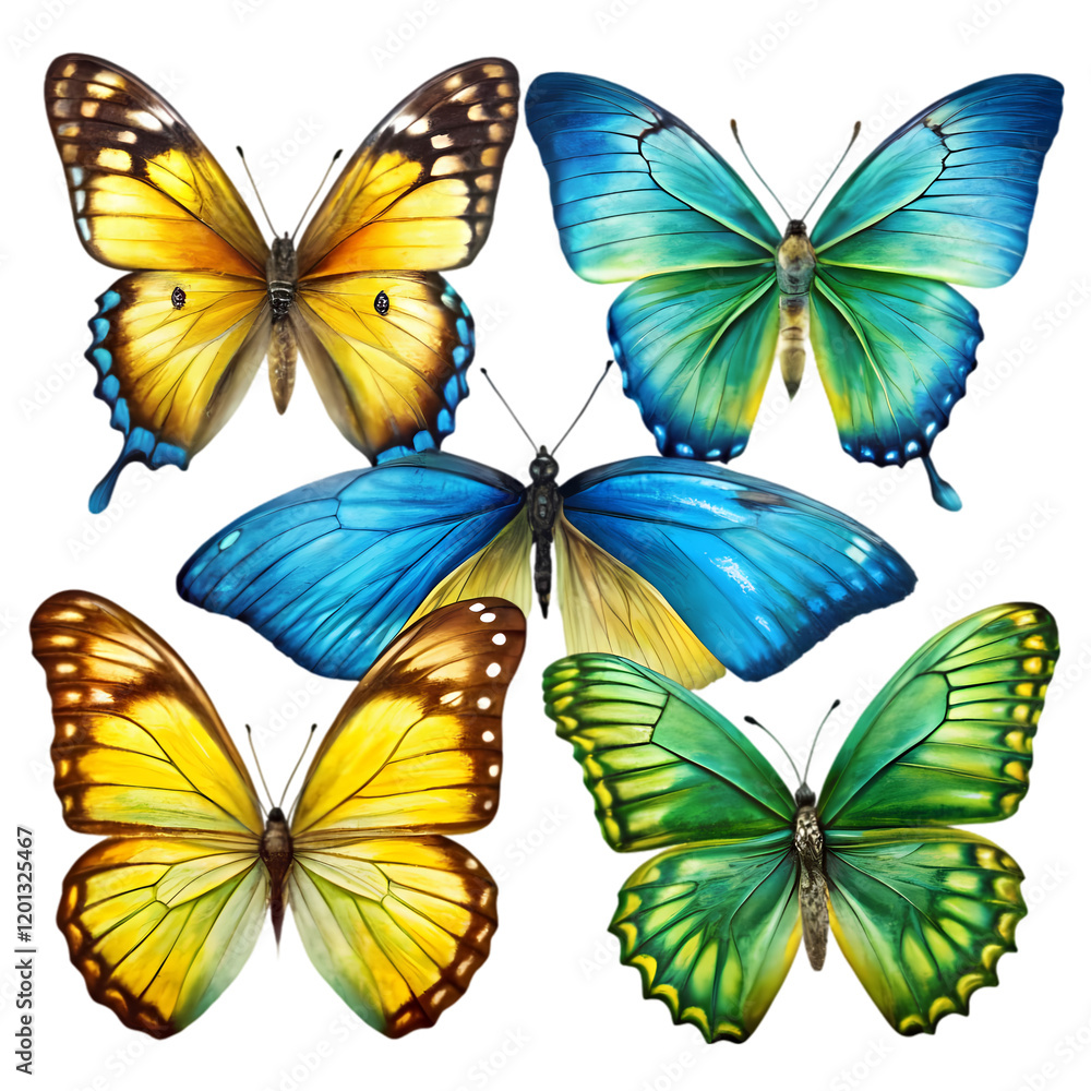Obraz premium Vibrant Blue, Green, and Yellow Butterfly Set: Isolated, Perfect for Design Projects and Spring 