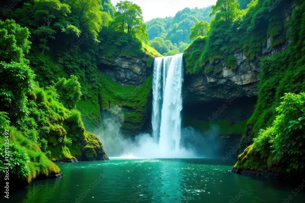 Fototapeta premium Emerald waterfall plunges through vibrant green canopy , tranquil, ferns