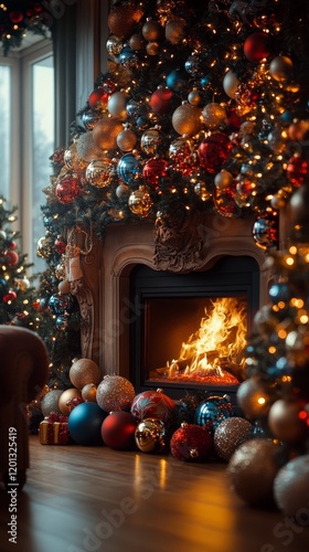 Beautifully decorated Christmas room with festive lights and cozy fireplace g...