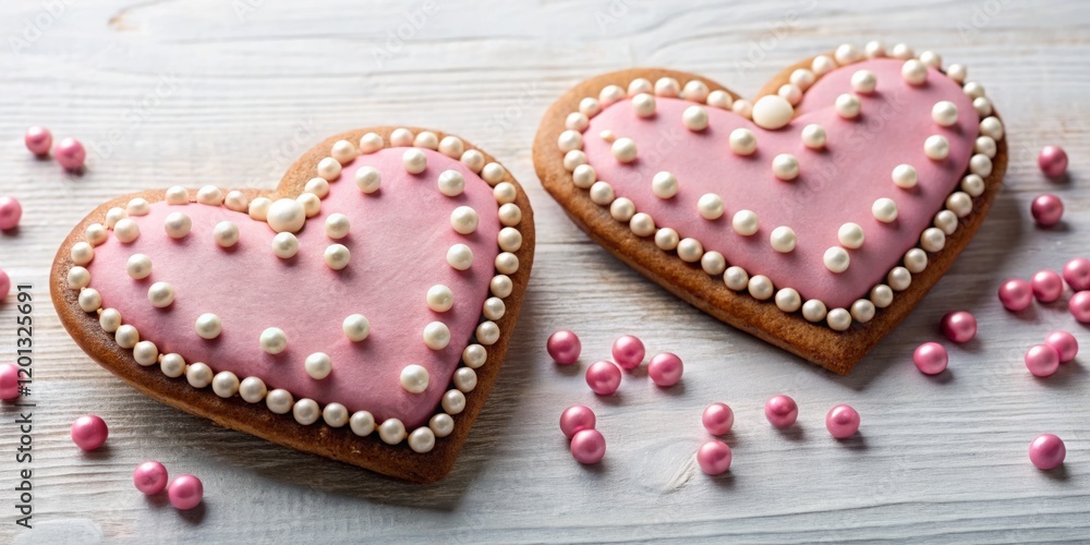 Heart-Shaped Cookies with Pink Icing and Decorations Heart-Shaped Cookies with Pink Icing and Decorations