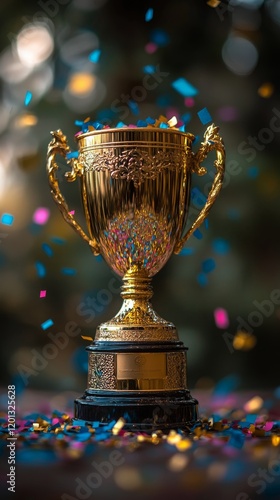 Golden trophy surrounded by colorful confetti at celebratory event