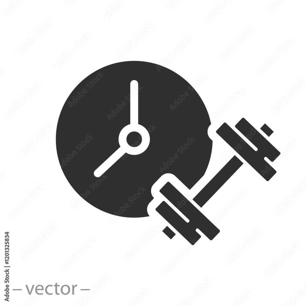 clock with dumbbell, time for fitness icon, workout in gym, time training, concept sport exercise, flat vector illustration clock with dumbbell, time for fitness icon, workout in gym, time training, concept sport exercise, flat vector illustration