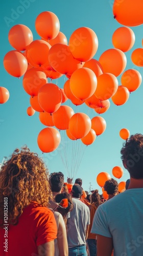 Colorful balloons float in the sky above a crowd enjoying an outdoor celebration