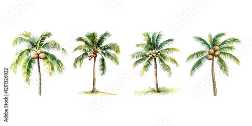 set of a watercolor palm tree with coconuts, tropical plants on a white background