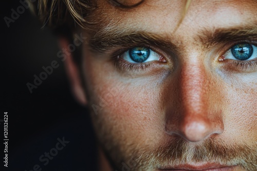 Close-up of a young man with striking blue eyes and curly blonde hair capture...