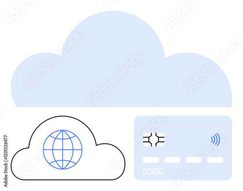 Blue cloud, a smaller cloud with a globe, and a credit card with a chip and contactless feature. Ideal for finance, tech, e-commerce, global access, connectivity, security abstract line flat