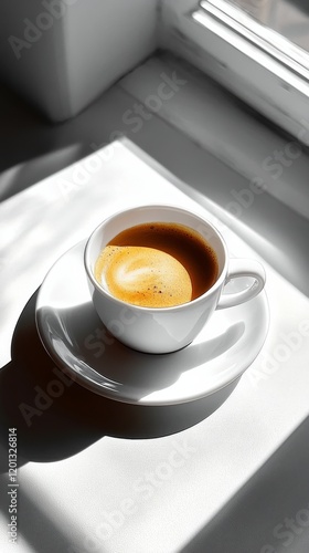 Coffee cup placed on textured surface with a top view at a serene morning set...