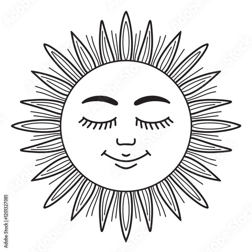 Vintage slavic sun with face icon, medieval boho style drawing. Maslenitsa Russian holiday symbol. Vector line art contour illustration isolated on transparent background