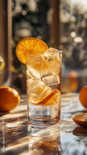 Refreshing citrus drink with ice cubes and orange slices on a sunlit table