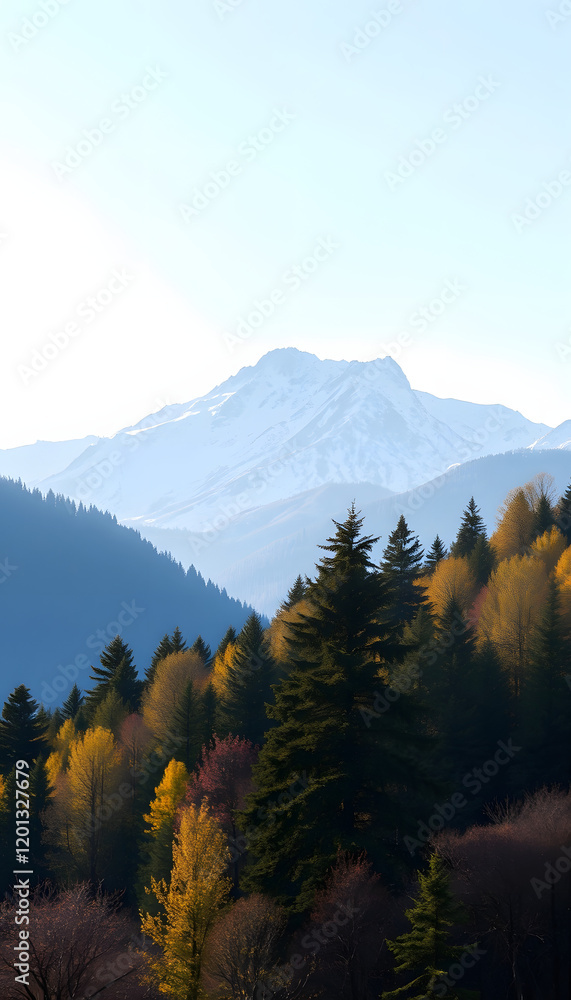 Morning view of spring forest and mountains with snow, vibrant, with white tones Morning view of spring forest and mountains with snow, vibrant, with white tones