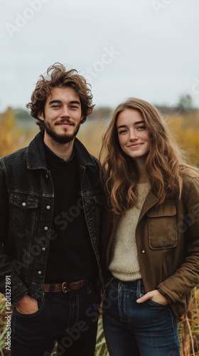 Couple poses together in a cozy garden setting during autumn, showcasing warm...