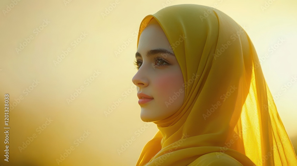 Young Woman In Golden Hijab At Sunset Young Woman In Golden Hijab At Sunset